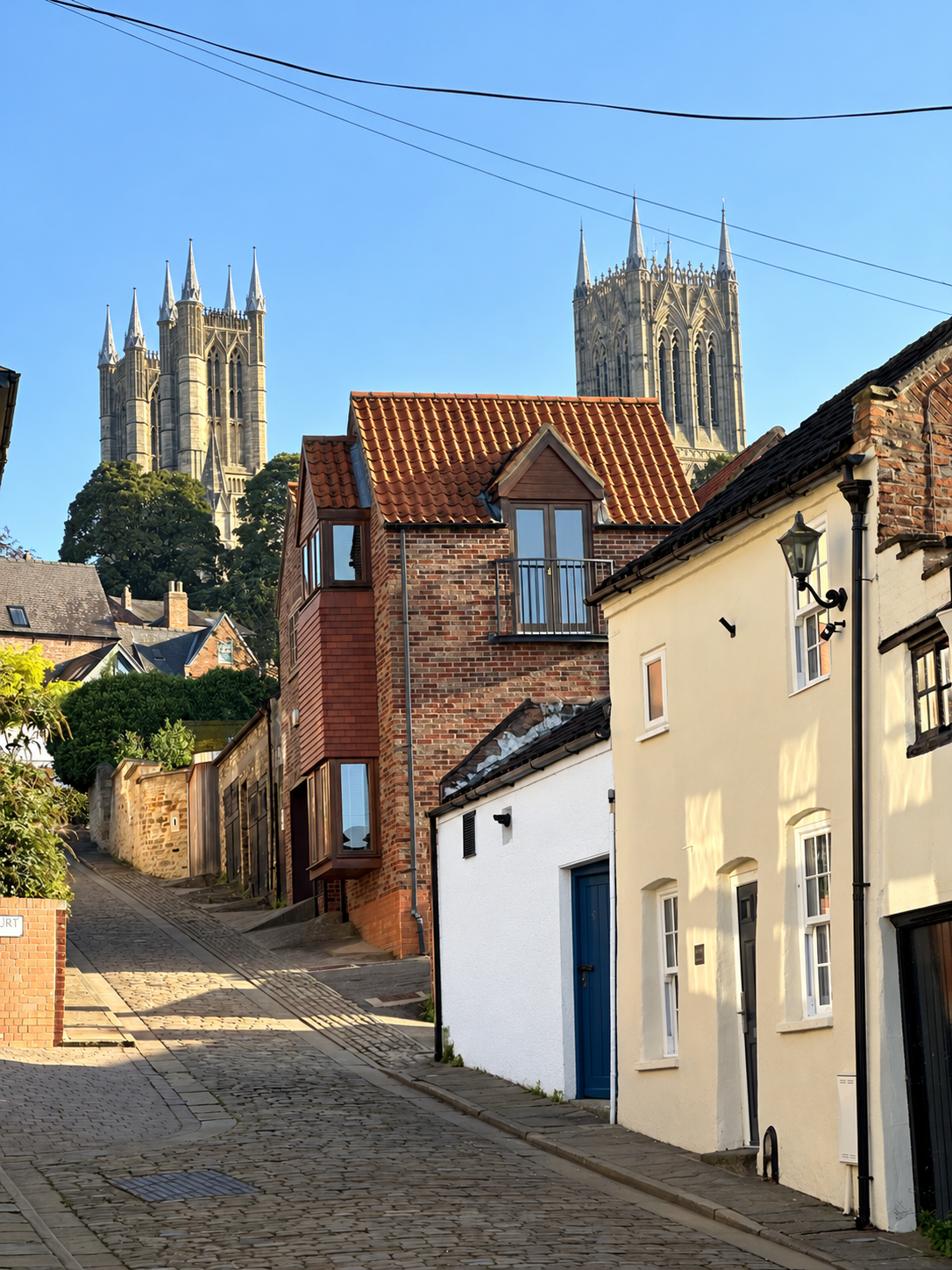 Historic Lincoln street beside The Nook and Lincoln Cathedral